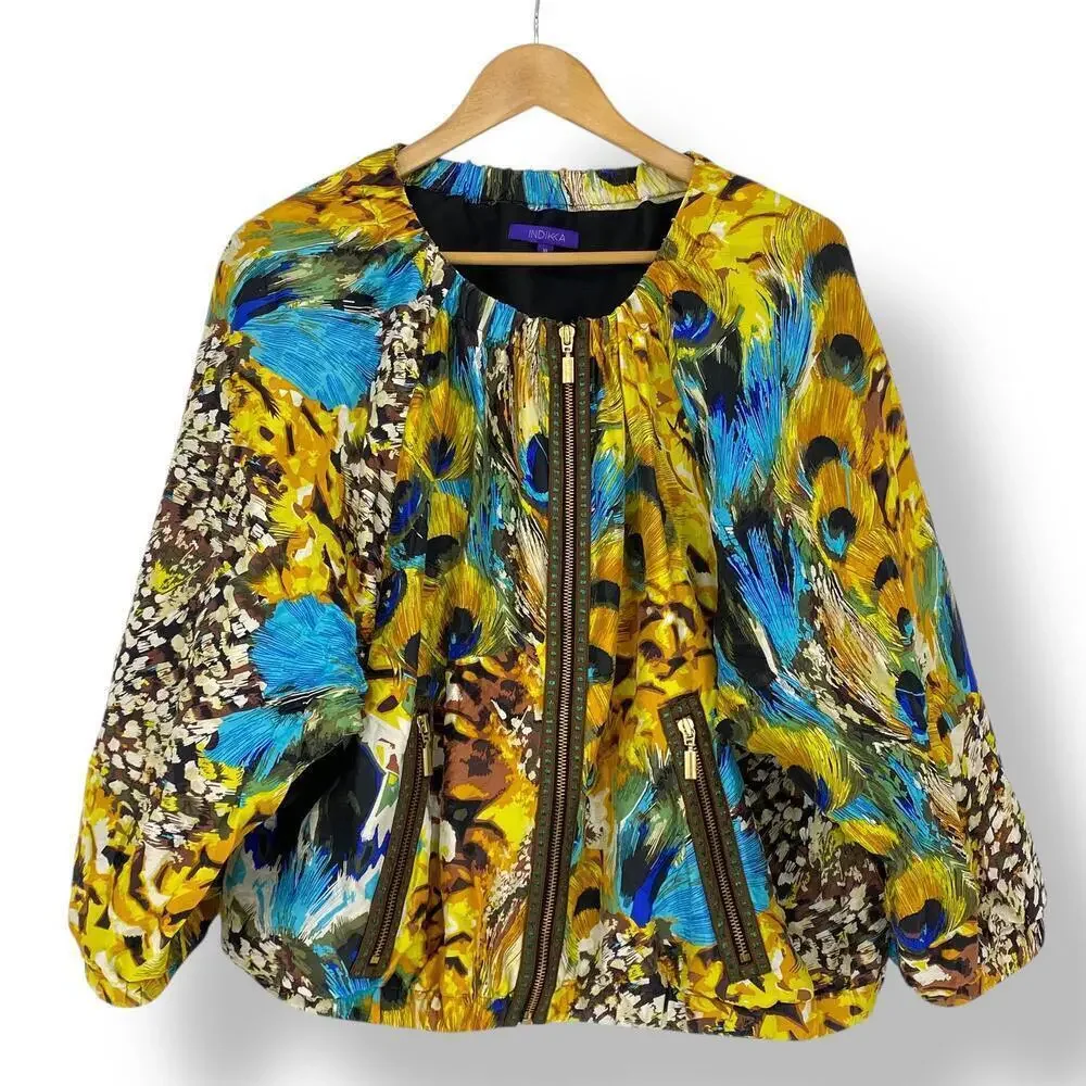 INDIKKA 100% Silk Vibrant Peacock Print Bomber Jacket Wms sz XL